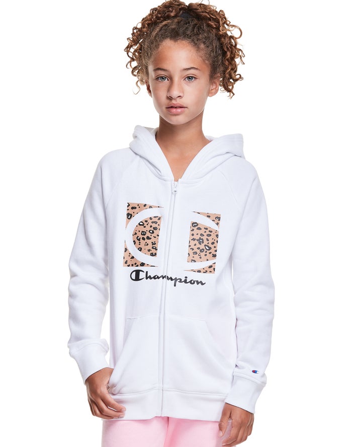 Champion Fleece Raglan Full Zip Leopard Knockout Logo Hoodie Meisjes - Wit - Belgie 5920QNBEP